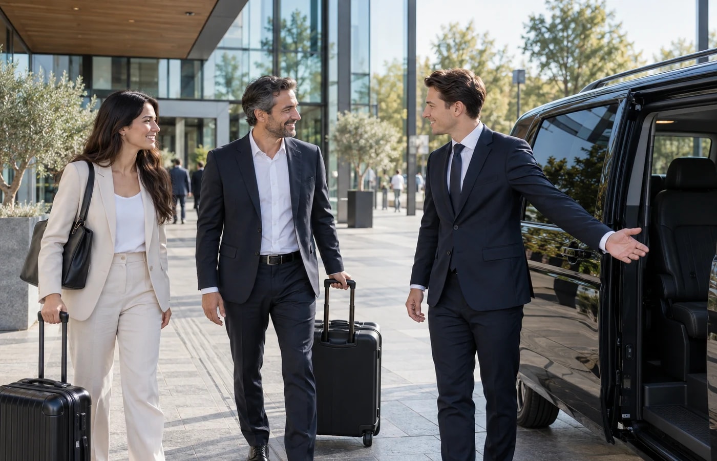 Jonge chauffeur ontvangt internationale congresgasten bij een zakelijke locatie