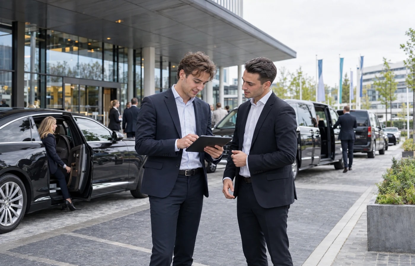 Jonge transportcoördinatoren bewaken de planning bij een congreslocatie
