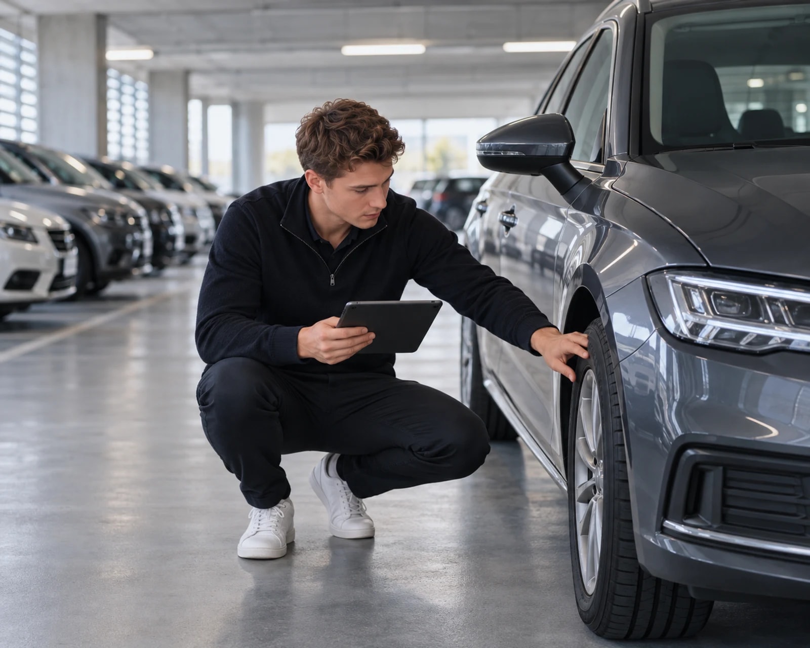 Jonge wagenparkcoördinator controleert een bedrijfsauto