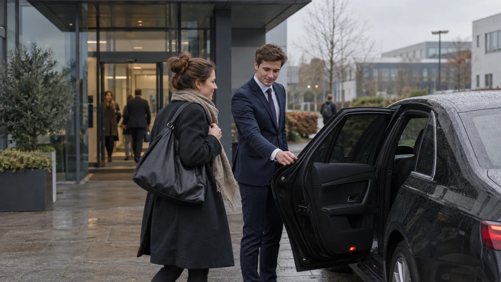 Jonge privéchauffeur ontvangt een zakelijke passagier bij een Nederlands kantoor